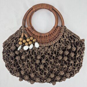 Coldwater Creek Chocolate Brown Macrame Woven Wood Double Hoop Handle Bag